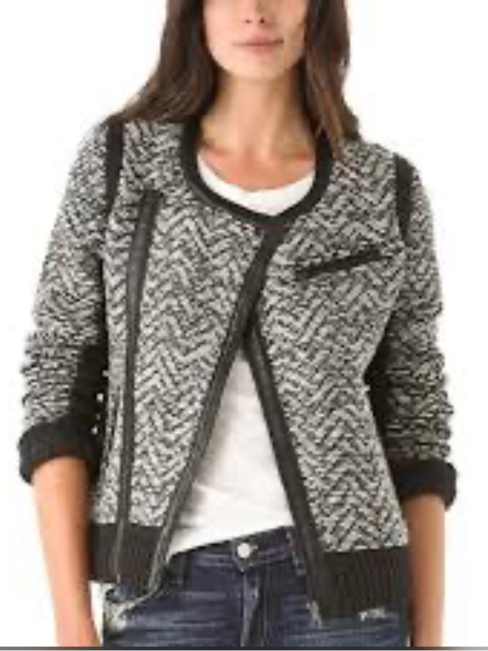 rag & bone Samantha Knit Tweed Charcoal Wool Lamb Leather Trim Jacket - Picture 6 of 12